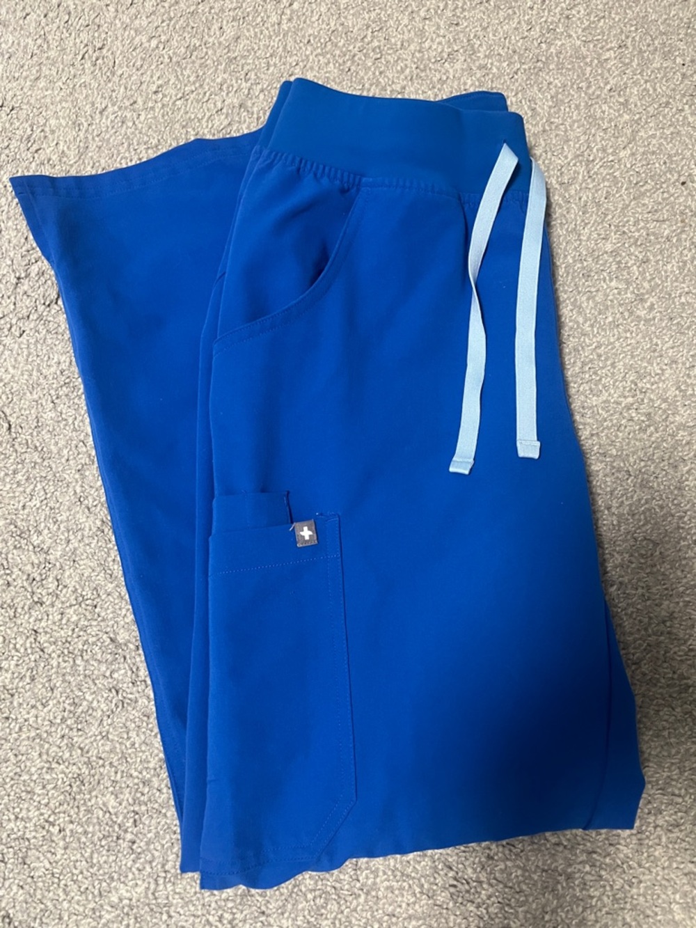 Royal Blue Small Petite Figs Kade Cargo Scrub Pants with Light Blue Drawstrings